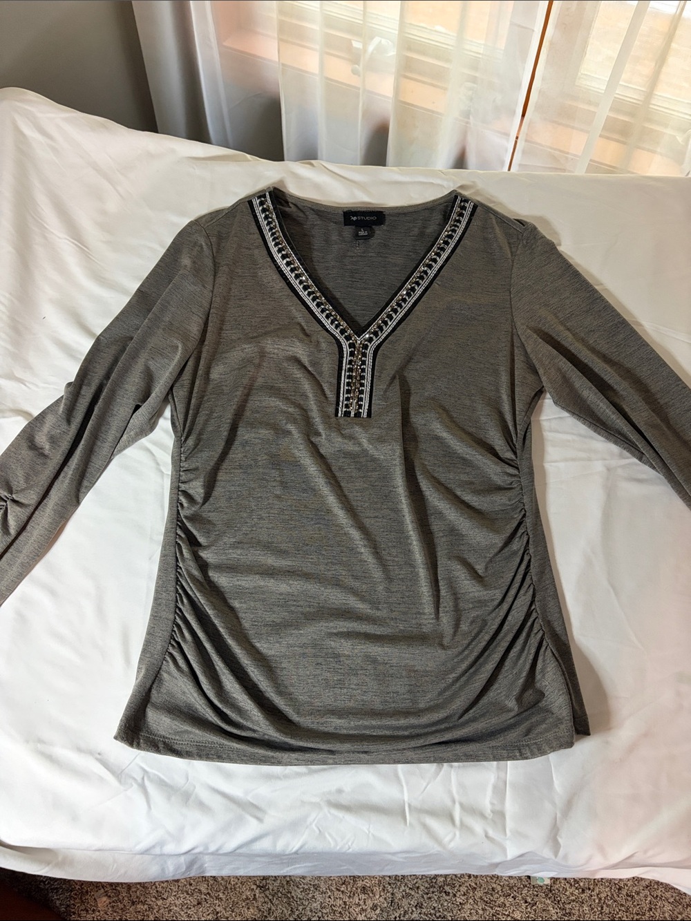 AB Studio Gray Long-Sleeve V-Neck Top with Beaded Trim